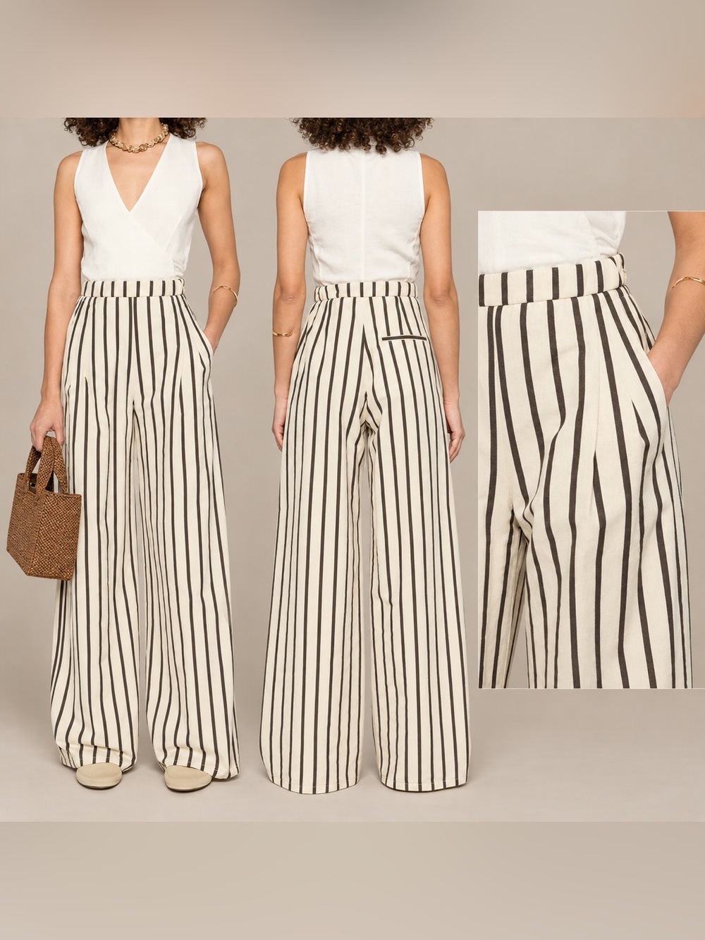 $515 Forte_Forte Striped Palazzo Pants Ecru Wide Leg US XS 0 NWT